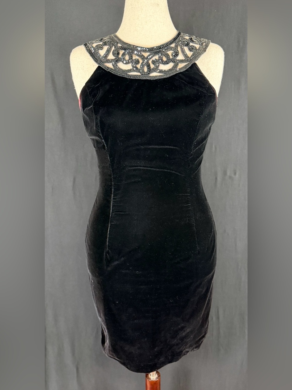 Jessica McClintock Gunne Sax Black Velvet Beaded Halter Mini Dress VTG 11/12